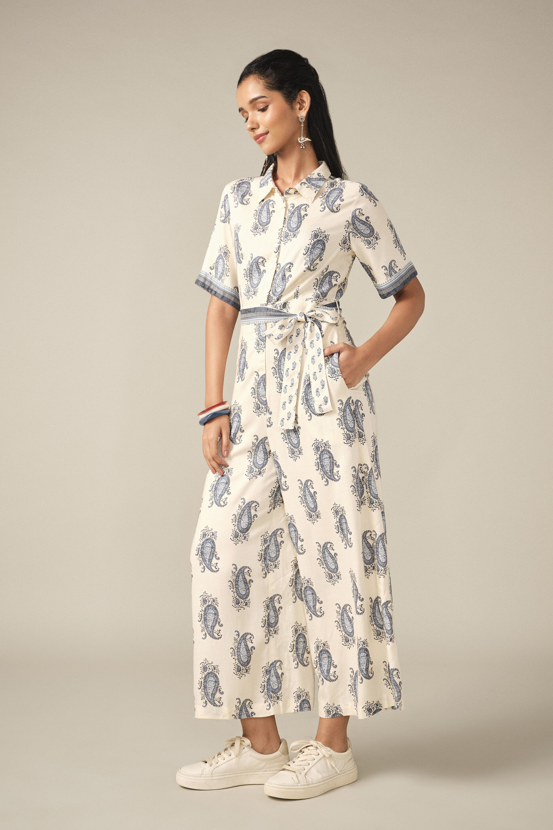Printed Collared Jumpsuit in White, White, image 5